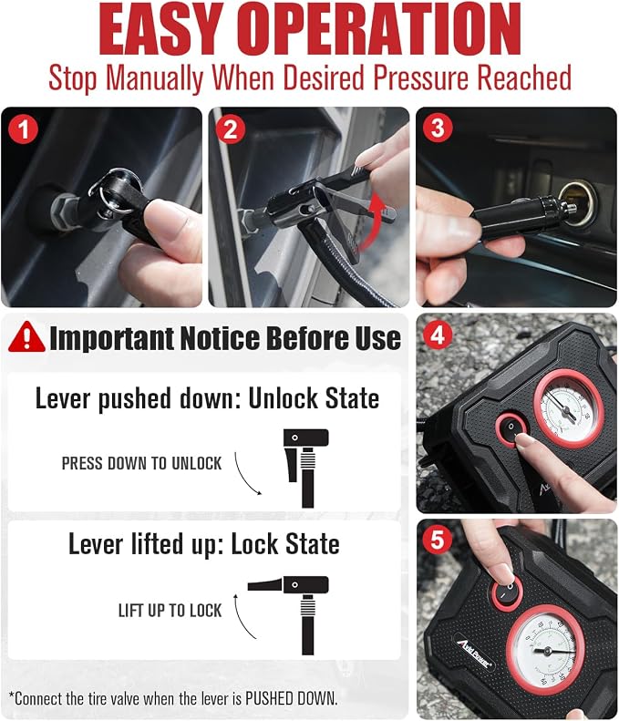 12V Tire Inflator Portable Air Compressor, Portable Car Air Pump w/Display Gauge and LED Light, Air Pump for Car Tires, Bike, Motorcycle, Compact, Lightweight