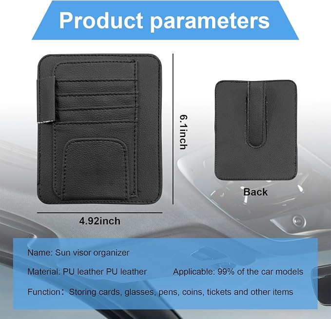 Car Sun Visor Organizer, Small Auto Visor Organizer and Storage, Registration and Document Holder, Vehicle Accessories for Sunglasses, Document, Card, Pen, Driver License (Black)