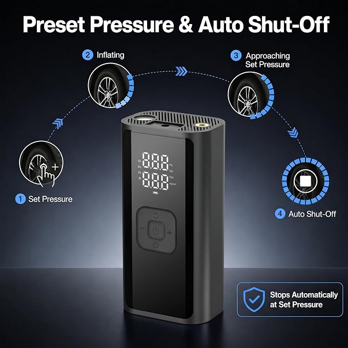 Tire Inflator Portable Air Compressor, 150 PSI 12V DC Corded Car Air Pump with Auto Shut-Off, Digital Display, LED Emergency Light, 3m Power Cord for Car, Motorcycle, Bike, Balls