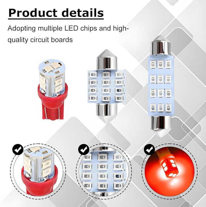 24PCS LED Interior Car Lights, T10 31mm 41mm Dome Bulb Kit, Red | 194 168 2825 DE3175 578 sockets, alloy PCB, output for map trunk license tag, plug in, automotive accessories