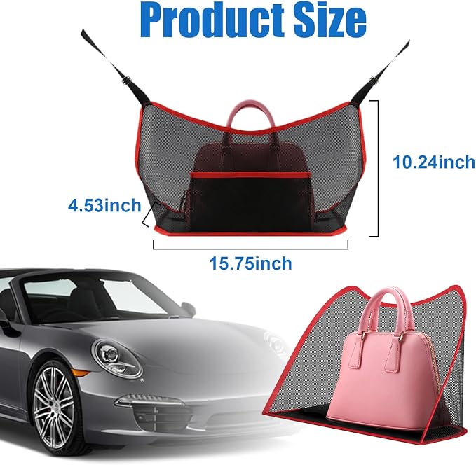 Car Net Pocket Handbag Holder, Organizer Mesh Bag Between Two Seat, Driver Storage Netting Pouch for Handbag Purse, Barrier of Backseat Pet Kids, Car Accessories for Women Men (Black&Red)