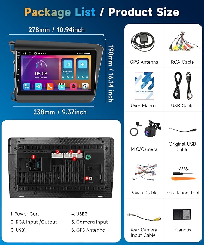 5G WiFi Car Stereo for Honda Civic 2012 2013 2014 2015 [2+64G] with Wireless Carplay & Android Auto, 9 Inch Touch Screen Car Radio Bluetooth GPS Navigation DSP FM SWC for Honda Civic Radio