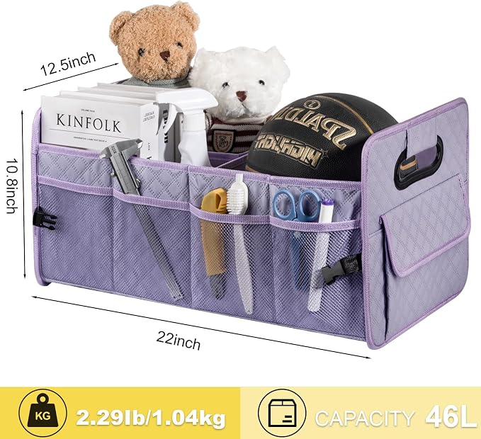 Car Trunk Organizers and Storage for SUV, Collapsible Multi Compartment Container Box Adjustable Car Accessories for Women Men, Light Purple