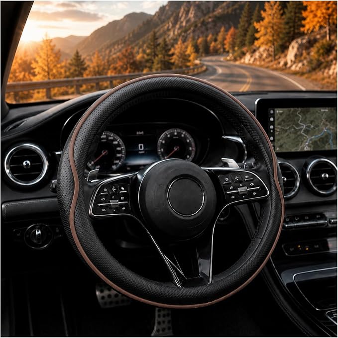 Car Steering Wheel Cover Full Surround - Soft Breathable Anti-Slip Heavyweight Safety Cover, Thick Cushioned Sports Style Universal Fit for Auto Truck SUV (Black/Coffee)