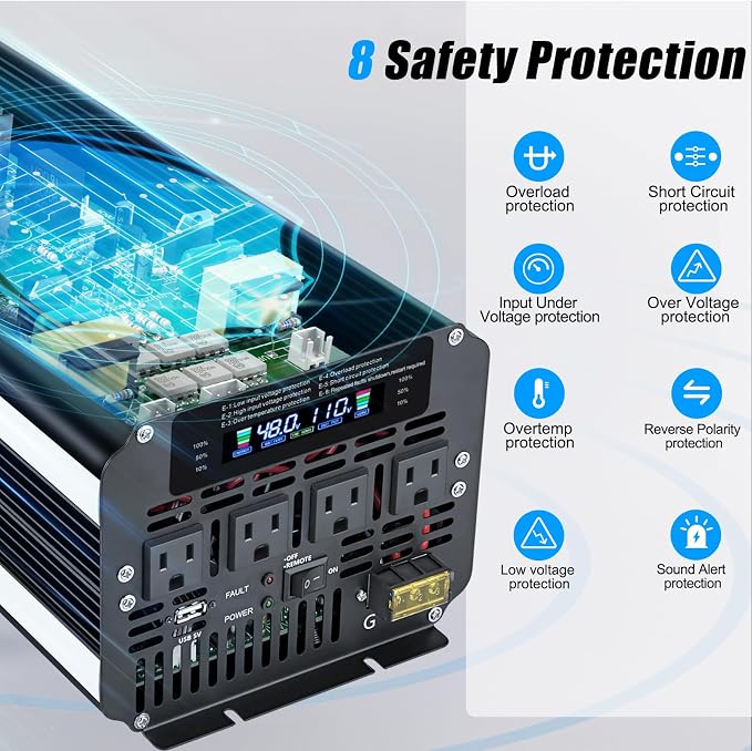 5000 Watt Power Inverter 48V to 110V 120V for Vehicle, Solar Inverter System, Heavy Duty, RV, Truck, Off Grid,Camping with 4 AC Outlets, LCD Display, Wireless Remote Control, Car Power Inverter