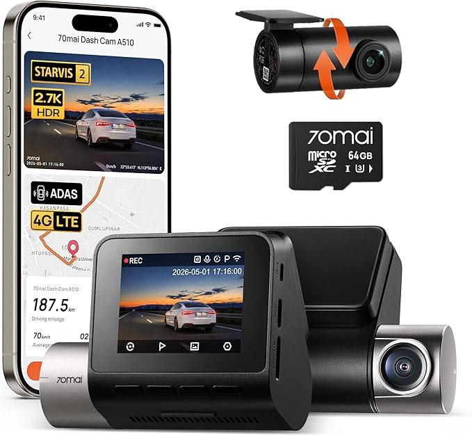 Dash Cam Front and Rear A510,1944P+1080P with STARVIS 2 IMX675 and 64GB Card, Dash Camera for Cars, 4G LTE Support, ADAS, Built-in GPS WiFi, APP Control, HDR, 24H Parking Mode, Loop Recording