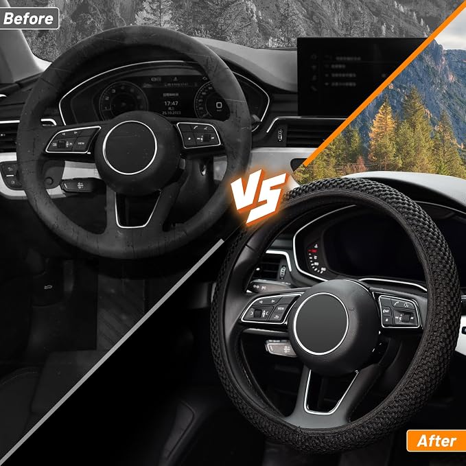 Elastic Stretch Steering Wheel Cover,Warm in Winter and Cool in Summer, Universal 15 inch, Microfiber Breathable Ice Silk, Anti-Slip, Odorless, Easy Carry,Black