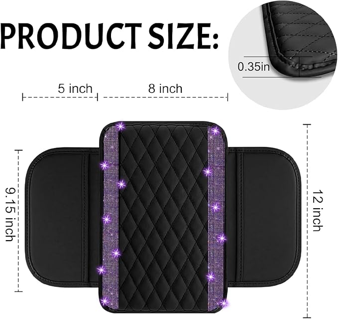 Bling Car Center Console Cover, Leather Car Arm Rest Cover Cushion with 2 Storage Bags, Universal Auto Armrest Protector Storage Box, Bling Accessories Interior for Most Vehicles (Purple)