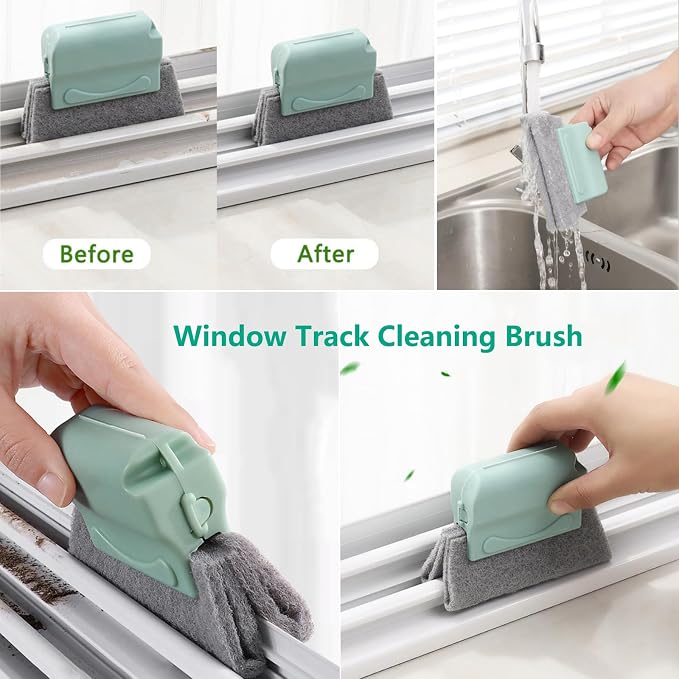 Small Window Track Cleaning Kit, 20Pcs Multi-Purpose Household Cleaning Tools with Squeegee, Detail Brush & Reusable Microfiber Pads for Sliding Door, Glass, Bathroom Mirror, Auto Windshield
