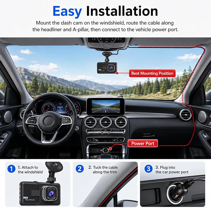 3-inch 1080p High-Definition Dash cam for Cars, 24 Hour Recording, 170° Large Wide-Angle,Super Night Vision, G-Sensor Parking Monitoring Loop Video Motion Detection