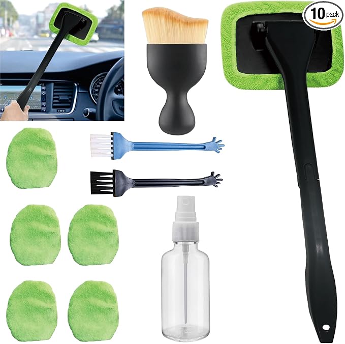 10pcs Car Windshield Cleaning Tool, Windshield Cleaner with 5 Washable and Reusable Microfiber Pads and Extendable Handle, for Auto Glass Wiper (Green（10pcs）)