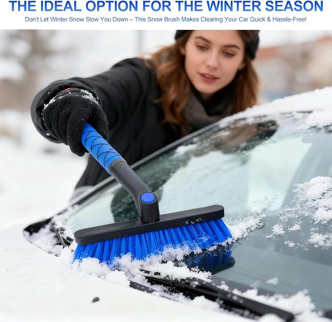 26" Snow Brush & Ice Scraper for Car Windshield and Window | 2 - in - 1 Winter Tool with Premium Bristles for Cars/SUVs/Trucks — Rotating Head, Heavy - Duty ABS | Ergonomic Foam Grip (FrostHug Blue)