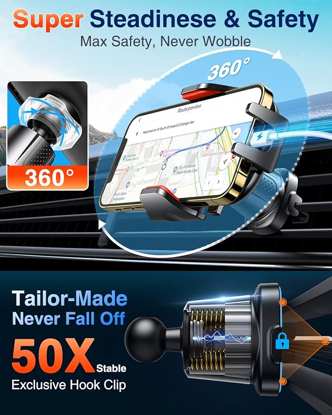 Phone Holders for Your Car Ultimate Military-Grade Car Phone Holder Mount【Patent & Safety Certs】 Upgraded Shockproof Truck Air Vent Phone Mount for iPhone 17 Pro Max 16 Samsung Android,Red