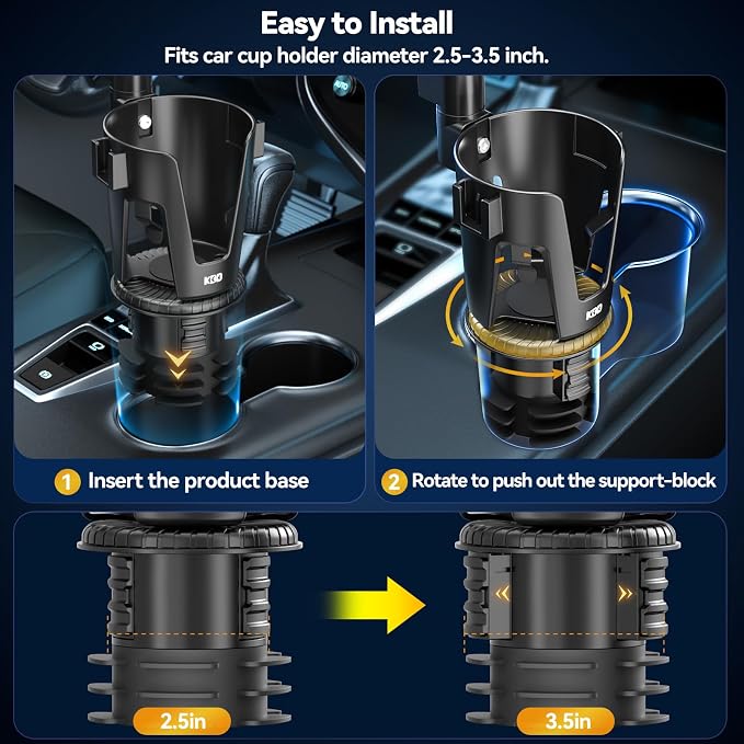 Car Cup Holder Expander - 3 in 1 Cup Holder Adapter with Adjustable Base - Detachable Phone Holder & 360° Rotation Food Tray for Car - Compatible with Vehicles, Car, Road Trip Essentials