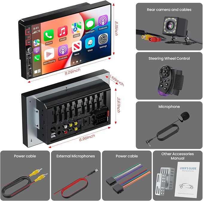 9" Double Din Car Stereo with Wireless Apple CarPlay & Android Auto,QLED IPS Touchscreen Car Radio,1080P Backup Camera, Mirror Link, Voice Control, Bluetooth 6.0, AM/FM, Type-C Fast Charging, EQ, SWC