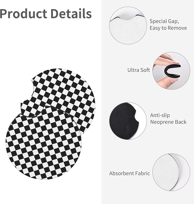 Checkered Steering Wheel Cover Black White + 2 Checkered Car Coasters Set | Anti-Slip Neoprene, Breathable, Universal Fit 14-15 Inch, Car Interior Accessories Gift for Men Women