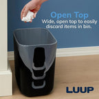 Luup Trash Can (Black) - Reuse Grocery Bags - Plastic Garbage Container for Bathroom, Vanity, Laundry Room, Kitchen, Office, Garage - 2.5 Gallon Wastebasket with Hooks to Secure Trash Bags