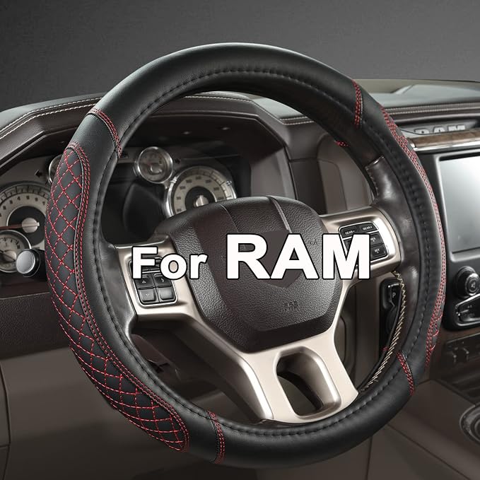 Customized Auto Car Steering Wheel Cover for Dodge RAM 1500 2500 3500, 15.5-16 inch (Diamond Quilted-Black+Red-Large Size)