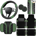 10 Pcs Car Floor Mats Full Set & Sport Leather Steering Wheel Cover 14.5-15 inch, Center Console Cover, Seat Belt Cushion, Cup Holder Coaster, Universal Automobile Interior Sets (Green)