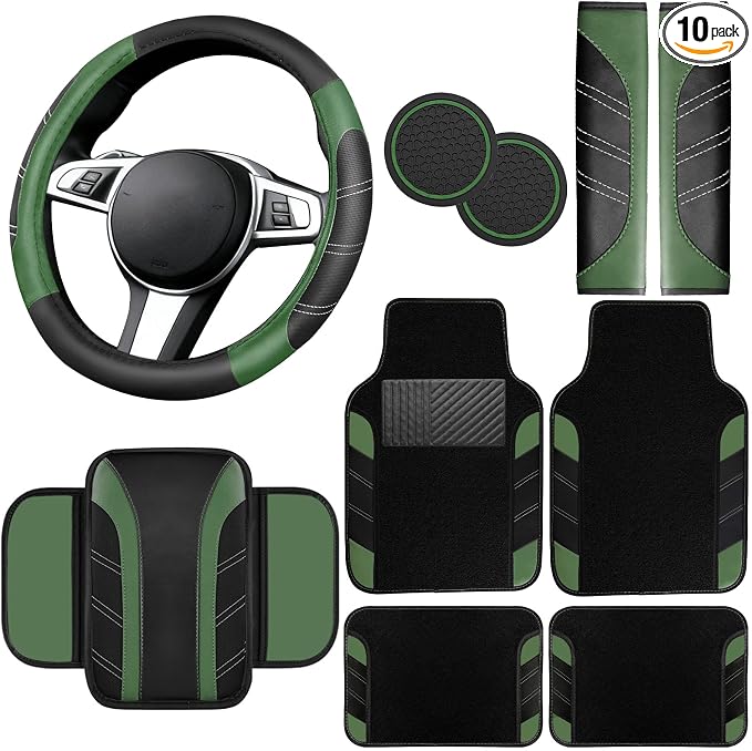 10 Pcs Car Floor Mats Full Set & Sport Leather Steering Wheel Cover 14.5-15 inch, Center Console Cover, Seat Belt Cushion, Cup Holder Coaster, Universal Automobile Interior Sets (Green)