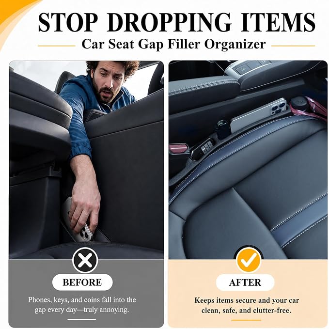 2 PCS Car Seat Gap Filler Compatible with Explorer, Edge, Escape, Expedition & Bronco Sport Accessories, Seat Gap Organizer with Emergency Glass Breaker & 1 Sunglasses Holder, Black.