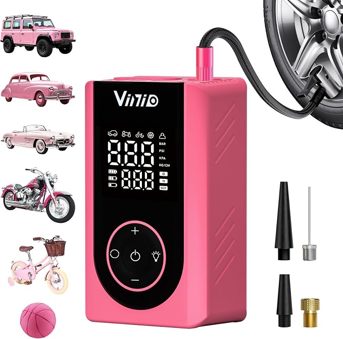 Tire Inflator Portable Air Compressor, LED Display & Auto Shut-Off, 5 Modes, 150PSI Cordless Air Pump with Digital Pressure Gauge for Car, Balls, Bike, Motorcycle, Pink Car Accessories for Women