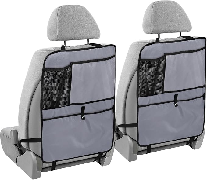 Grey Car Seat Organizer for Kids Backseat Kick Mat with Adjustable Strap Seat Back Protectors for Car Vehicle SUV 1 Pcs