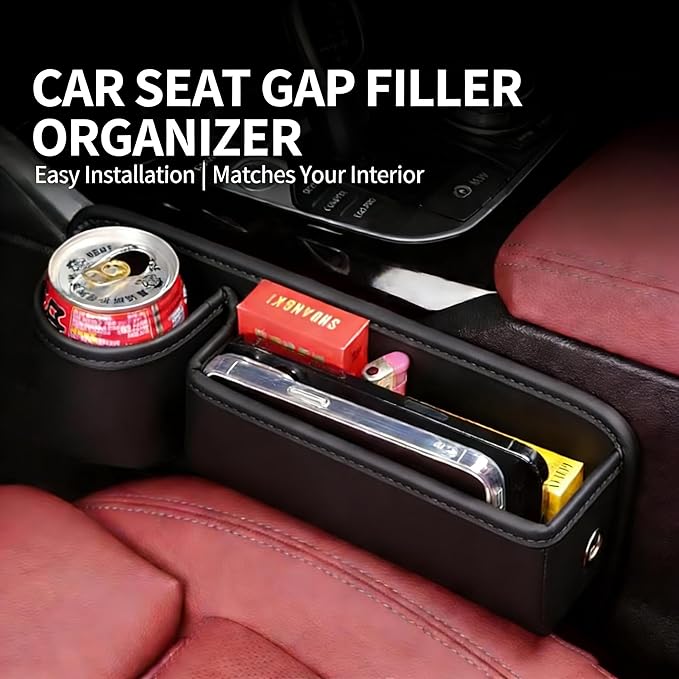 Car Seat Gap Filler Organizer, PU Leather Car Accessories Organizer, for Front Seat,Console Organizer for Phone, Keys and Small Items, It has a cup holder and a long storage slot. （Passenger side）