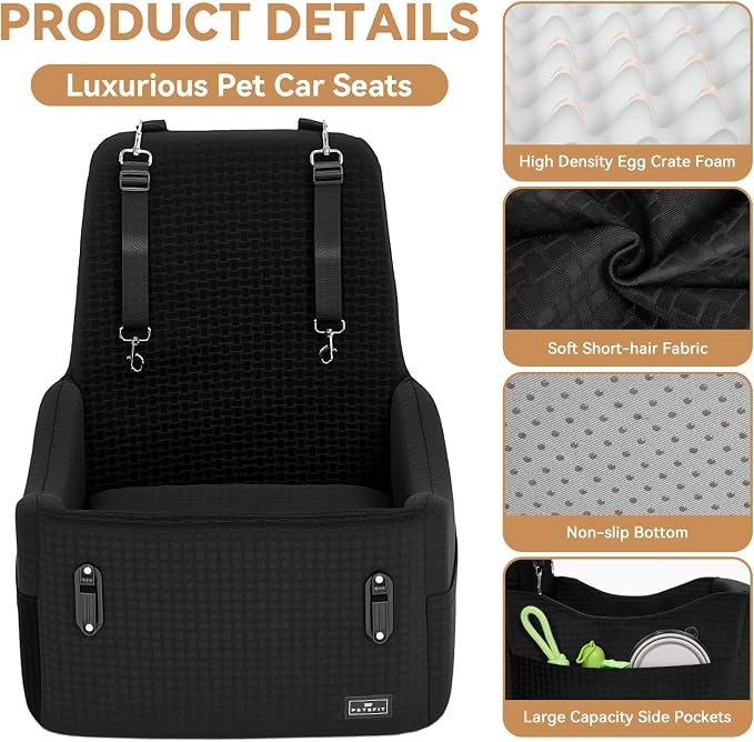 Dog Booster Car Seat for Small/Medium Dogs Up to 35 lbs – Patented Safety System, 5" Memory Foam Pet Car Seat, Fully Detachable and Washable Cover, Front/Back Seat Travel Booster (Black)