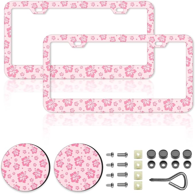 Pink Hibiscus Flower License Plate Frames,Tropical Floral Car Accessories for Women and Men ，Cute Aluminum License Plate Frame Fits Standard US Vehicles Size 12.2 x 6 Inch (Pink-Hibiscus Flower)