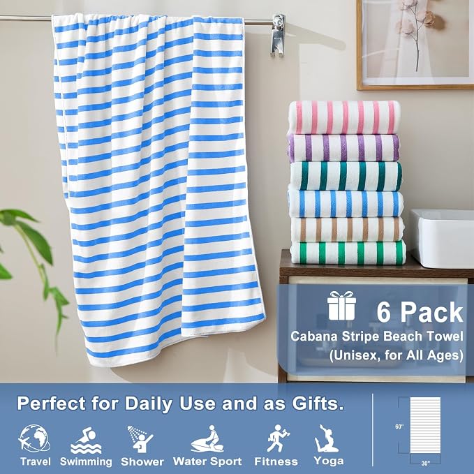 Microfiber Beach Towels, 6 Pack, 30" x 60", Cabana Stripe, Soft, Absorbent, Quick Dry Bath Towel Set for Adults, Travel, Summer Swimming Pool Party, Sport, Yoga, Camping, Stripe Blue and White
