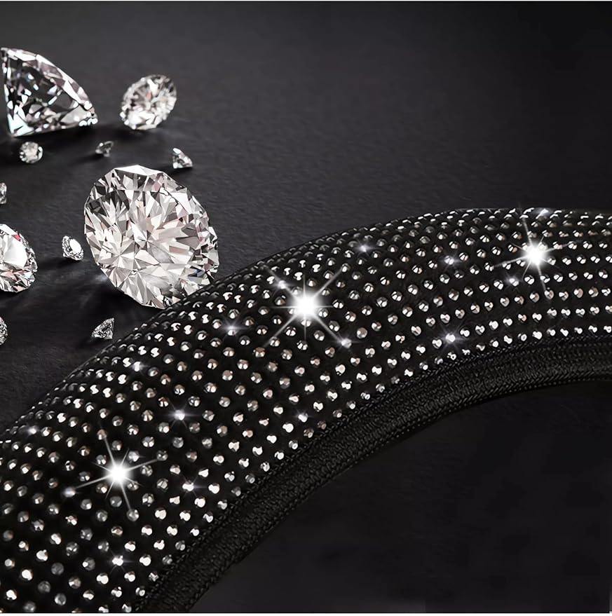 Bling Diamond Steering Wheel Cover with 2.75 inch Car Cup Holder Coasters, Sparkly Car Auto SUVs Interior Accessories for Women Girls, Universal Fit 14" 1/2-15" - Black
