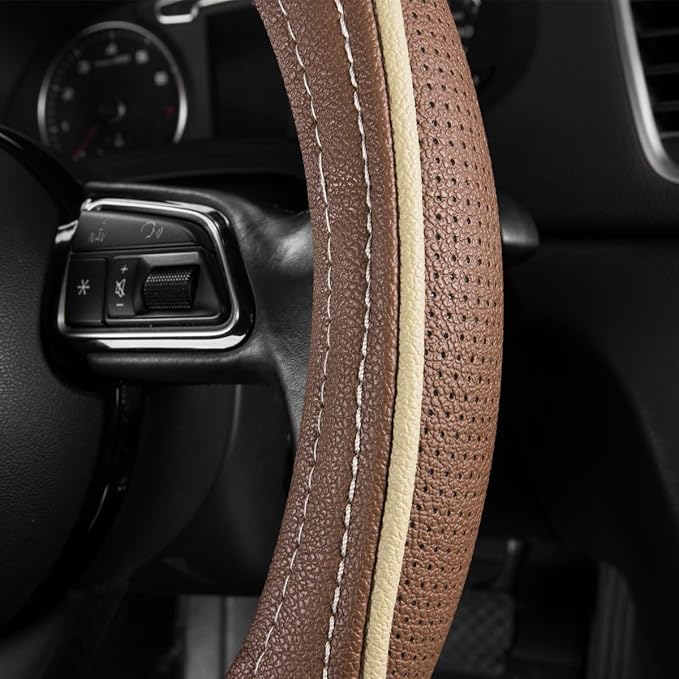 Brown Delux Leather Steering Wheel Cover, Universal Fit for Suvs,Sedans,Vans,Small Trucks for 14.5" to 15"(Brown & Beige Piping)