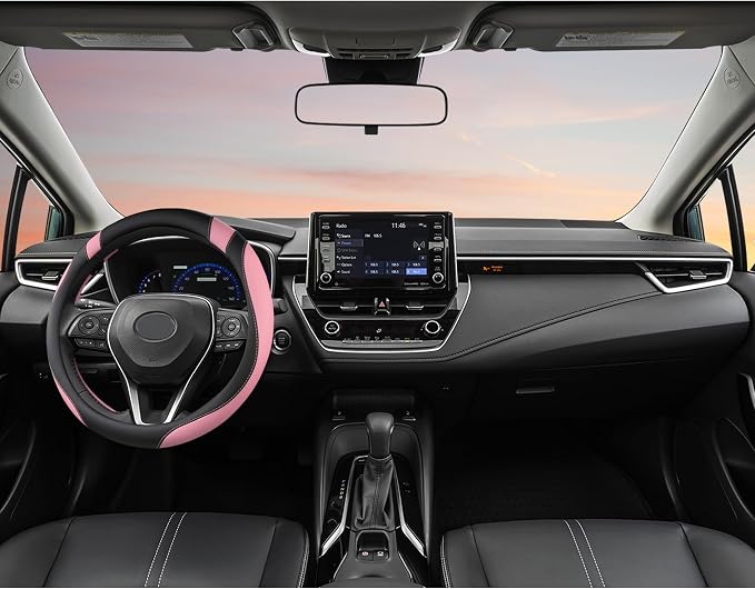 Customized Auto Car Steering Wheel Cover for Toyota Rav4 Corolla Camry Highlander (Black+Pink-Standard Size)