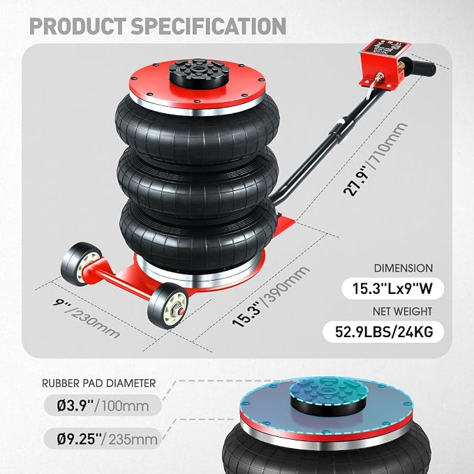 DNA Motoring Air Jack 5 Ton / 11000lbs Triple Bag Airbag Jack with Long Handle, 3-5 s Fast Lifting Pneumatic for Cars,Trucks, Garage, Repair, Lifting up to 15.7", TOOLS-00688