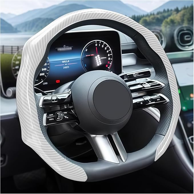 Zpana Carbon Fiber Car Steering Wheel Cover, Leather Non-Slip Vehicle Steering Wheel Cover for 14.5-15 Inch, Comfortable Auto Interior Protector Decoration Accessories, Universal Fit(White)