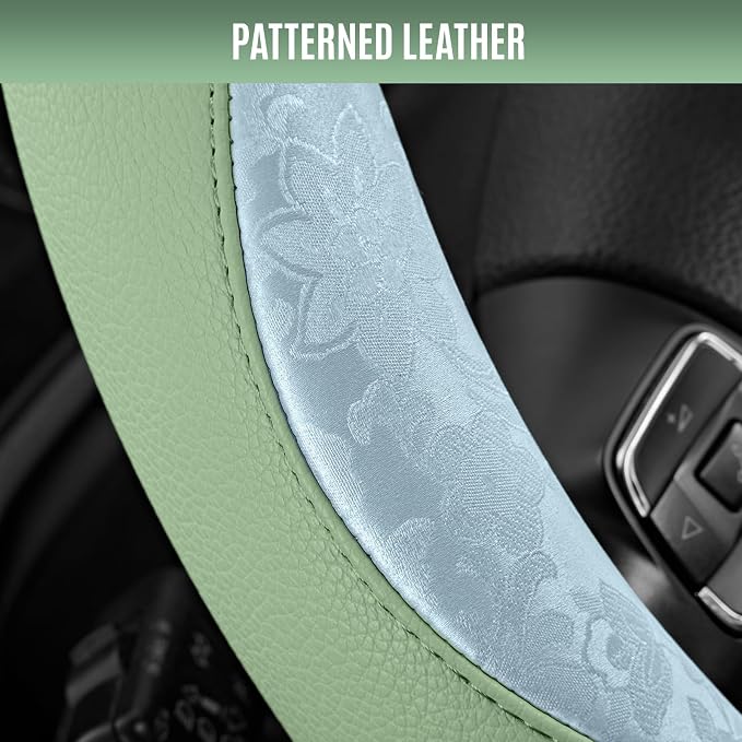 Steering Wheel Cover, Light Blue Patterned & Green Leather Patchwork Design, Universal Fit 14.5"–15.5", Anti-Slip, Odor-Free, Soft Grain Leather, Durable Grip Car Accessory for Girls & Women