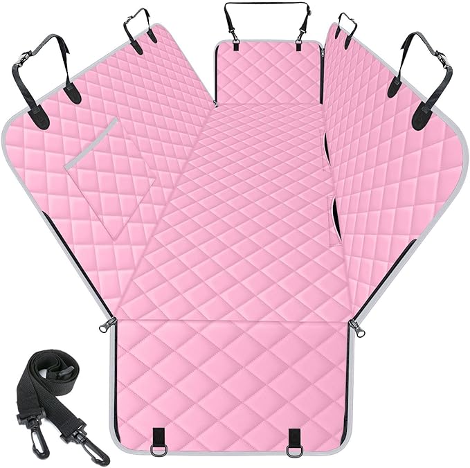 Waterproof Dog Car Seat Cover for Back Seat, Pet Hammock- L, Pink/Grey | Durable waterproof hammock with nonslip design & storage pockets. Protects seats from scratches, fits cars, SUVs & trucks.