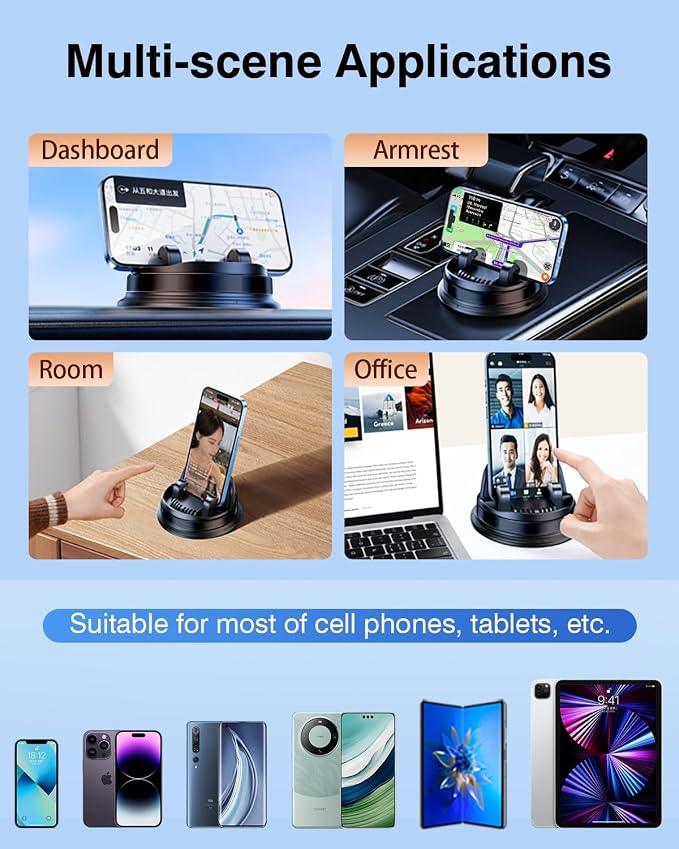 Dash Cell Phone Car Mount, Multifunctional Car Dashboard Mobile Phone Holder, 360 Rotatable Universal Dash Mounted Car Phone Stand Hands Free, Compatible with iPhone, Samsung, Google, Android