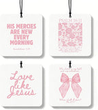 Pink Christian Car Air Freshener 4 Pcs, Girly Pink Bow Floral Religious Hanging Air Freshener for Cars Closet Drawer Books, Cute Preppy Christian Car Accessories Mirror Decor for Women