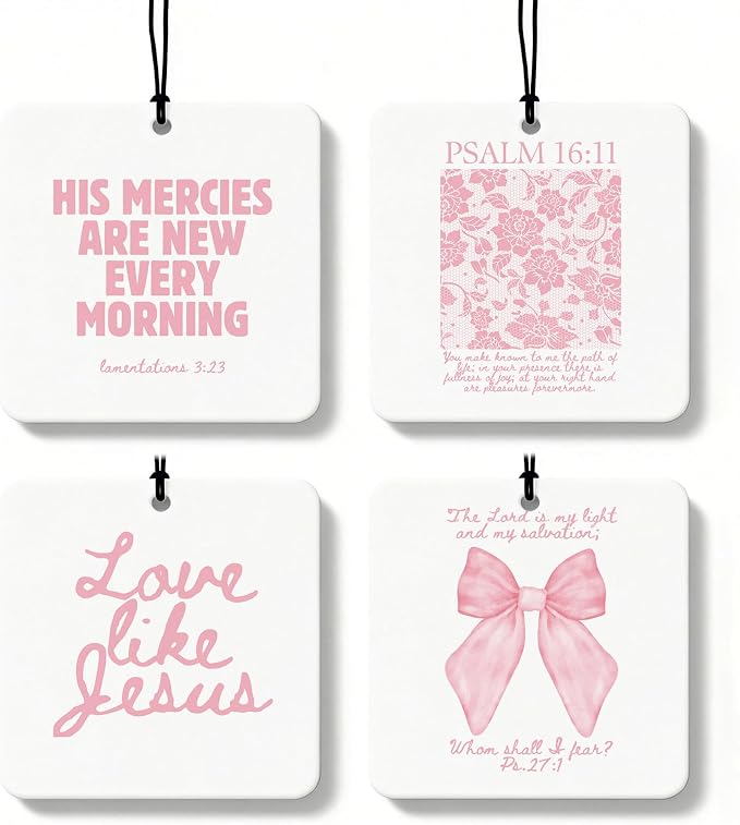 Pink Christian Car Air Freshener 4 Pcs, Girly Pink Bow Floral Religious Hanging Air Freshener for Cars Closet Drawer Books, Cute Preppy Christian Car Accessories Mirror Decor for Women