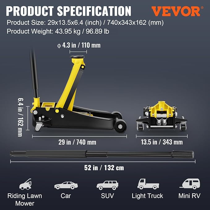 4 Ton Low Profile, Heavy-Duty Steel Racing Floor Jack with Dual Pistons Quick Lift Pump, Lifting Range 3.94"-20.98"