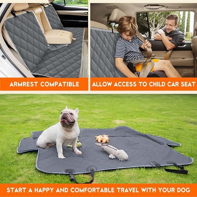Dog Car Cover for Back Seat Pet Car Seat Cover Protector Waterproof Rear Seat Cover Nonslip Bench Car Seat Cover fits Middle Armrest for Most Cars Trucks SUVs (53” Width) - Grey