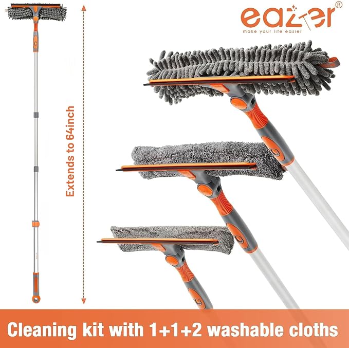 2-in-1 Window Cleaner Tool, 64'' Window Squeegee for Home, Window Cleaning Squeegee Kit with Telescopic Pole, Window Washing Kit with Rotatable Bendable Head(Threaded + Telescopic) - EAW01