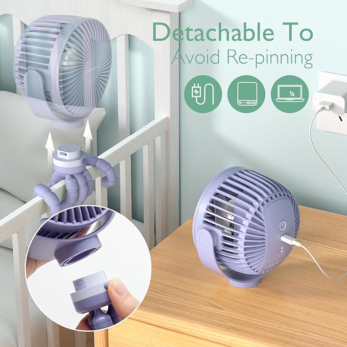 8000mAh Portable Stroller Fan, 27H Ultra-long Battery Life Detachable 4 Speed 360°Rotate LED Night Light with 2 Modes, USB Rechargeable Handheld Cooling Fan for Travel/Car Seat/Bedroom