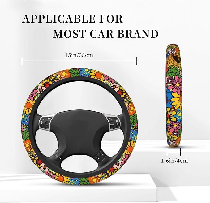 Hippie Flower Neoprene Steering Wheel Cover for Men Women Anti-Slip Elastic Steering Wheel Protective Cover 15in Universal Car Accessories Fit Cars, SUVs, Auto