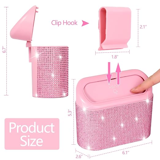 Bling Pink Car Trash Can with Lid - 2 Pack, Mini Auto Garbage Can with 60 Trash Bags, Automotive Garbage Container Bin, Bling Car Accessories Trash Can for Women (Pink Diamond)