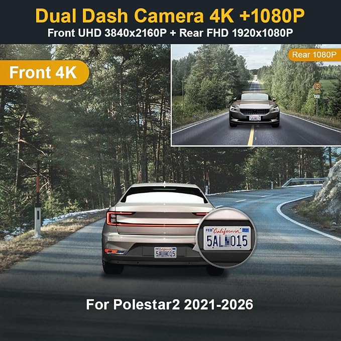 Front 4K+Rear 1080P Dash Cam Adapts for Polestar 2 2021-2026 Plus Peformance Launch Edition, OEM Look, Dual HD Video, WiFi & APP, Loop Recording, Gravity Sensor, Easy to Set, 128GB Card