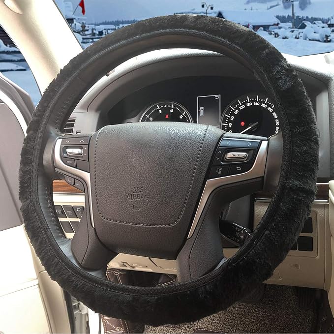 Steering Wheel Cover Universal 15 Inch Elastic Plush Soft Steering Wheel Cover for Women Men, Winter Warm, Anti-Slip, Odorless, Black