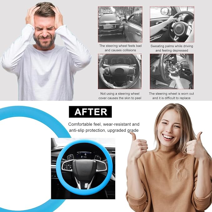 Car Steering Wheel Cover, 13 to 14.17 inches Anti-Slip Silicone Steering Wheel Protector, Soft Flexible Shock-Absorbent Steering Wheel Protective Cover for Most Car Models (Blue)